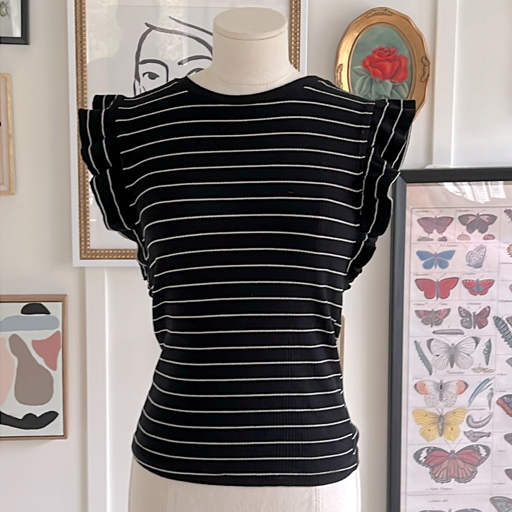 3 for 30 / “Ella Blue” Black & White Striped Ruffle Sleeve T - Ribbed Cotton